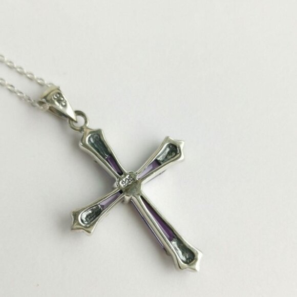 Amethyst Marcasite cross pendant necklace In Sterling Silver - Picture 4 of 7